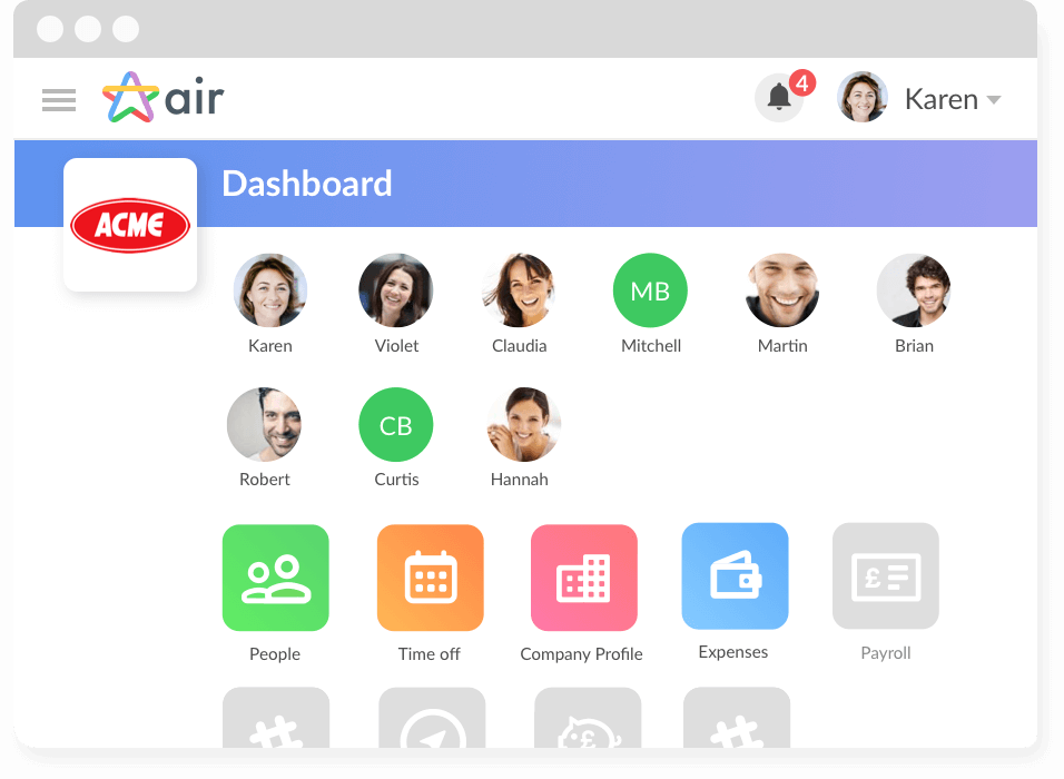 Air HR dashboard apps, people, tasks